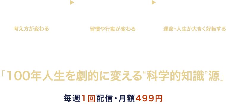 考え方が変わる→習慣や行動が変わる→運命・人生が大きく好転するその手段が、有料マガジン「100年人生を劇的に変える“科学的知識”源」（毎週1回配信・月額499円）