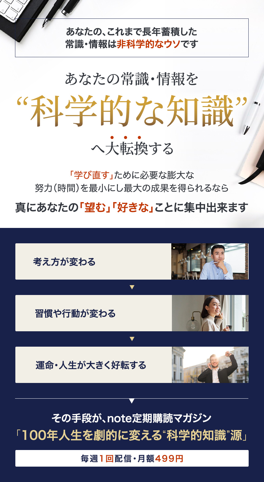 あなたの、これまで長年蓄積した常識・情報は非科学的なウソですあなたの常識・情報を”科学的な知識”へ大転換する“学び直す”ために必要な膨大な努力（時間）を最小にし最大の成果を得られるなら真にあなたの“望む” “好きな”ことに集中出来ます考え方が変わる→習慣や行動が変わる→運命・人生が大きく好転するその手段が、有料マガジン「100年人生を劇的に変える“科学的知識”源」（毎週1回配信・月額499円）